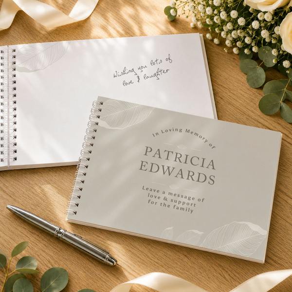 Personalised Memorial Guest Book shown closed with custom cover for Patricia Edwards and open with a handwritten note on a wooden table by Abode Home & Gifts