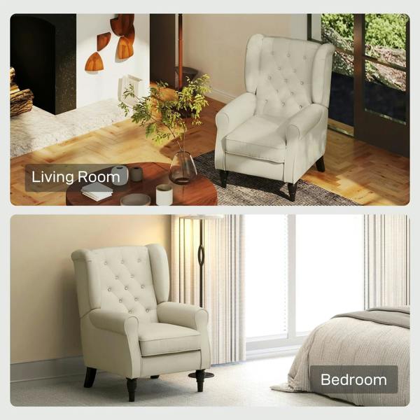 Cream wingback accent chair full view with button-tufted back and rolled arms