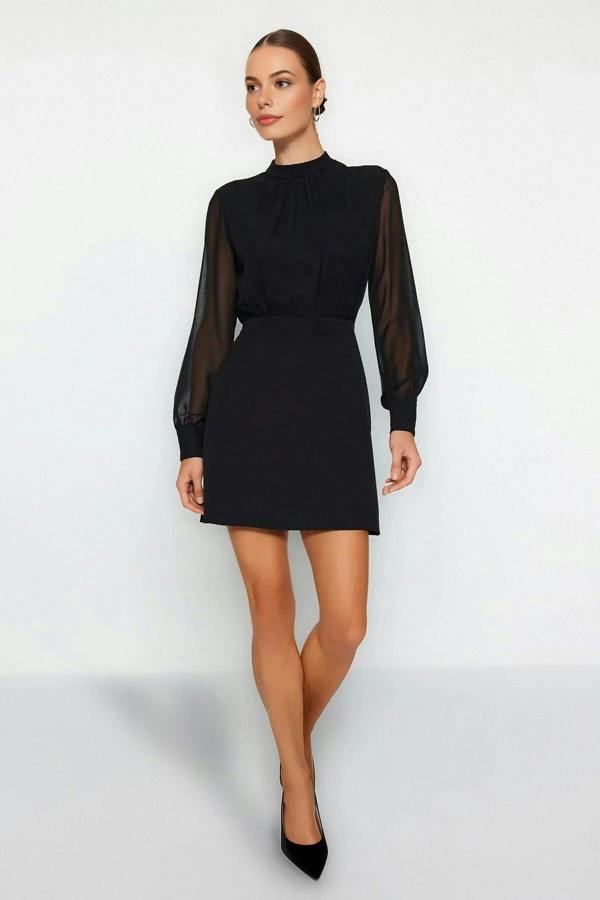 WOVCOR A-Line Stand-Neck Lined Chiffon Mini Woven Dress