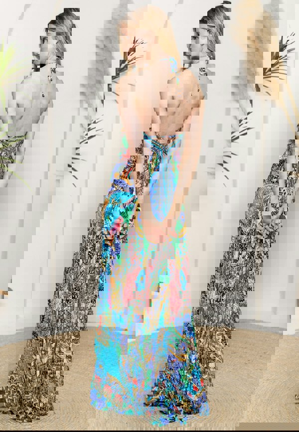 ANGELEYE Deluxe Luxurious Viscose Crepe Maxi Beach Dress in Premium Tropical Print - Multicolour