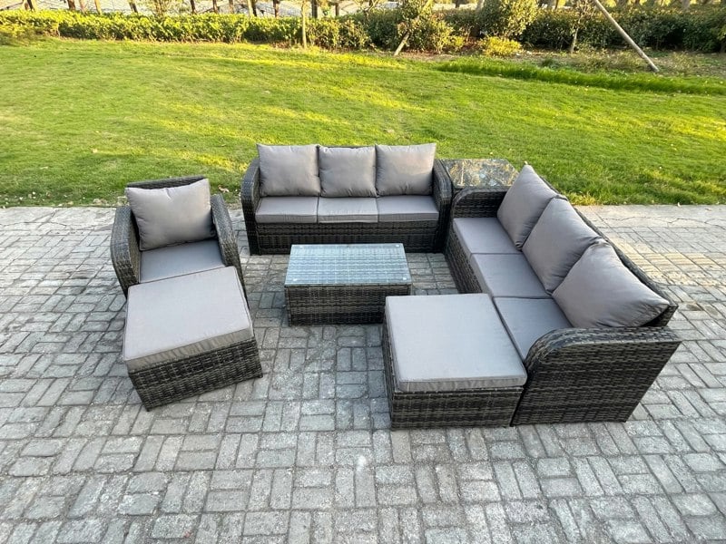 Fimous 9 Seater Dark Grey Mixed Rattan Outdoor Lounge Set - Rectangular Coffee Table, 3-Seater Sofa, 2 Big Footstools & Side Table
