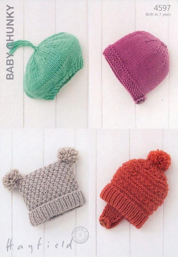 Hayfield Baby Chunky Knitting Pattern 4597, Headwear for Baby, Kids, Birth - 7 Years - Intermediate