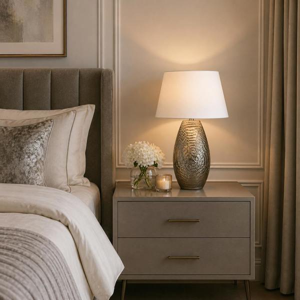 Pagazzi Lighting Caitlin Silver Oval Ceramic Table Lamp With White Shade
