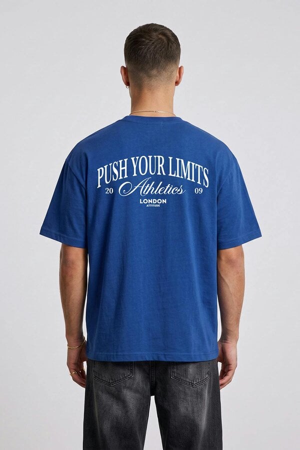London Attitude Push Your Limits Oversized Heavyweight T-Shirt in White Print - Deep Royal Blue