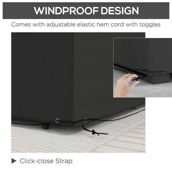 Black weatherproof patio cover with adjustable elastic hem cord and click-strap