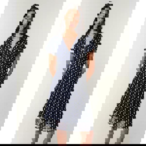 Blue Vanilla Polka Dot Mesh Frill Sleeve Wrap Dress With Tie Waist