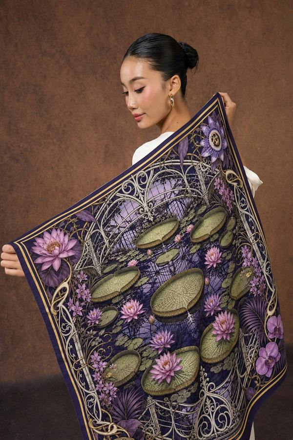 Waterlily House at Night Wool Silk Scarf – Double-Sided Print, Hand-Rolled Hem
