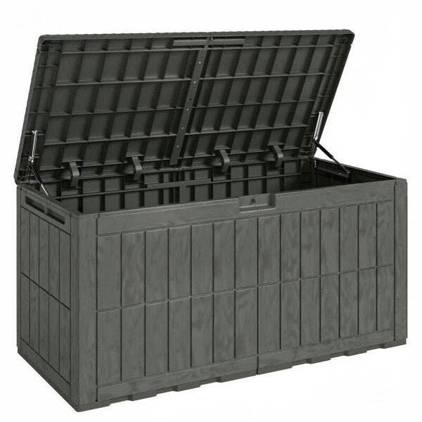 Bobobiy 440L Garden Storage Box, Waterproof & UV Resistant Resin Deck Box with Lockable Lid, Pneumatic Gas Rods, Side Handles
