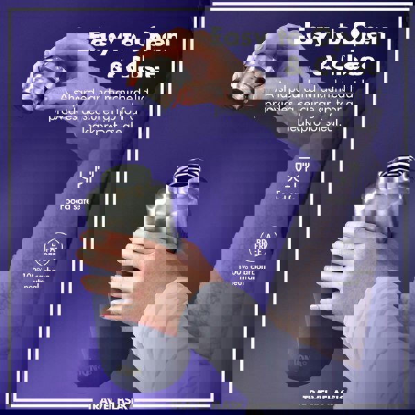 Hands opening a stainless steel travel flask against a purple background Text Easy to Open & Close A shaped and machined lid provides a secure grip for a leakproof seal Food safe BPA FREE 100% carbon neutral ION8 TRAVEL FLASK