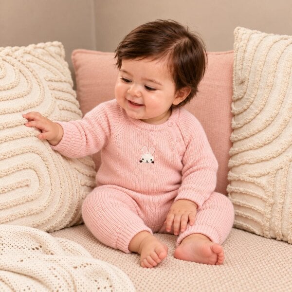 Mini Cuddles Rabbit-Embroidered Romper (Pink)