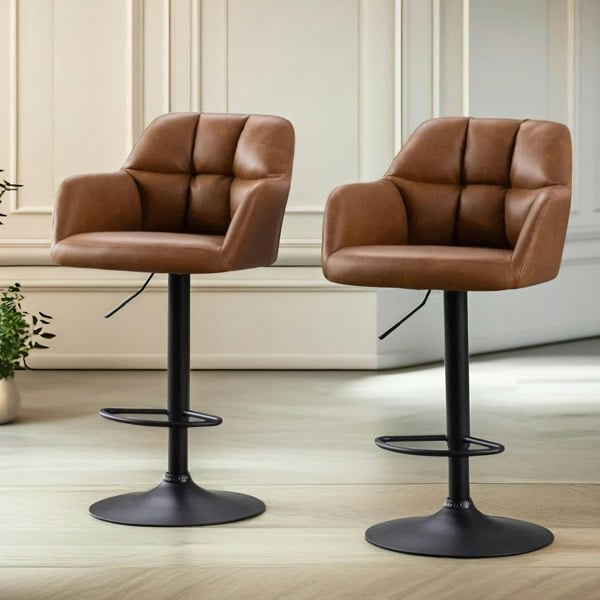 Rafaelo Mobilia 2PC Height Adjustable 360 PU Leather Swivel Bar Stools Set With Armrest Brown