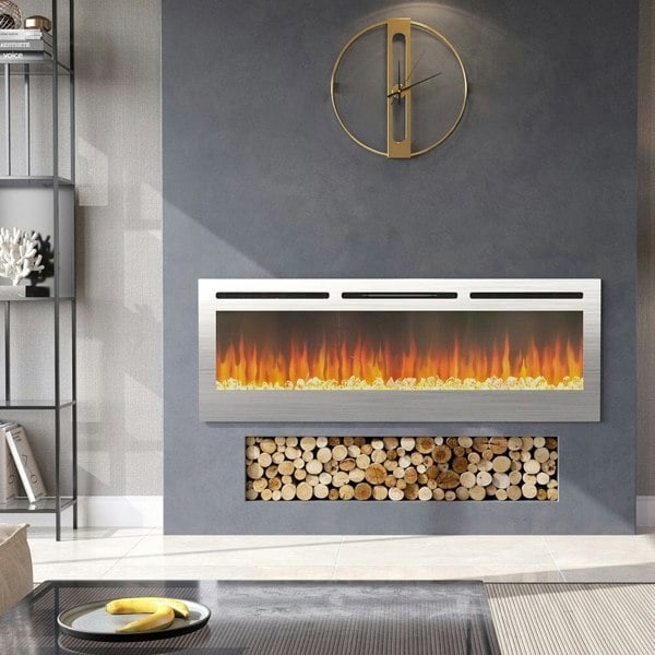 Silver 2kW Electric Fireplace 12 Flame Colour Recessed Fire with 2 Heat Settings Wall Mounted Fires Living and Home Silver 60 inch