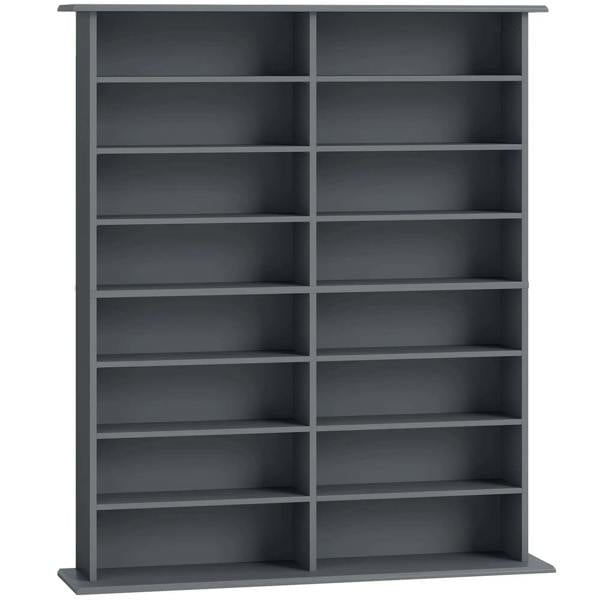 Grey 16-compartment media shelf with open cubby rows