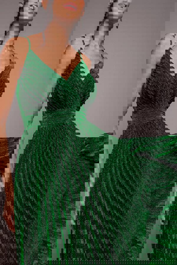 Sleeveless Pleated A Line Lurex Maxi Dress - Emerald Green DR4494