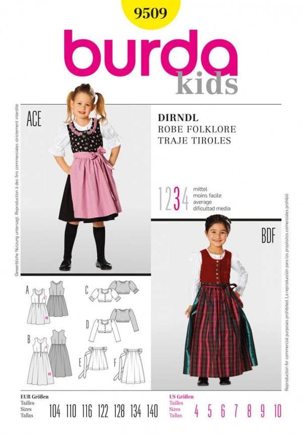 Burda Sewing Pattern 9509 Aprons, Dresses and Tops For Kids, Ages: 4-10 - Intermediate