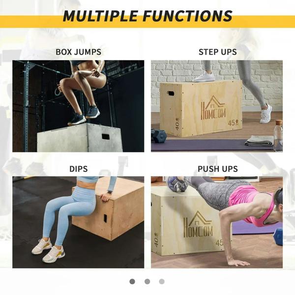 Natural wooden plyometric jump box used for box jumps, step ups, dips, and push-ups