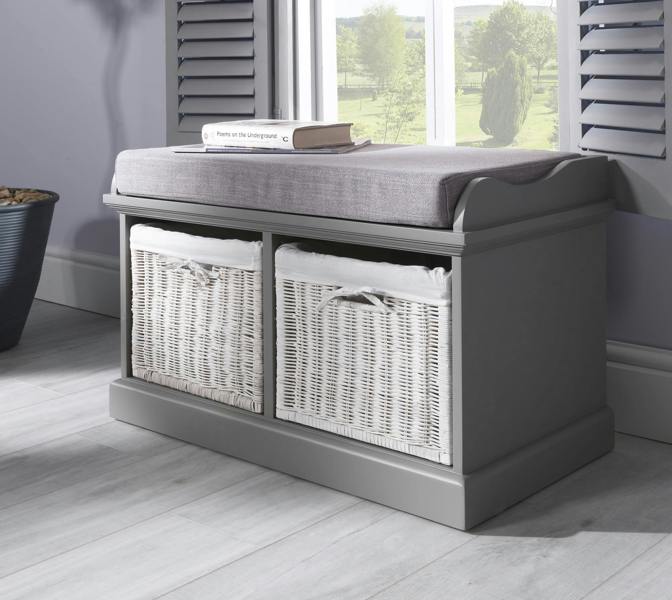 Statement Furniture Tetbury Bench with 2 White Wicker Baskets and Cushion Seat
