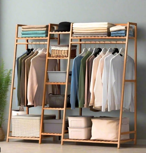 Modcraft Bamboo Garment Rack with 2 Hanging Rods & 5 Tier Storage Shelves – Natural Wood Finish