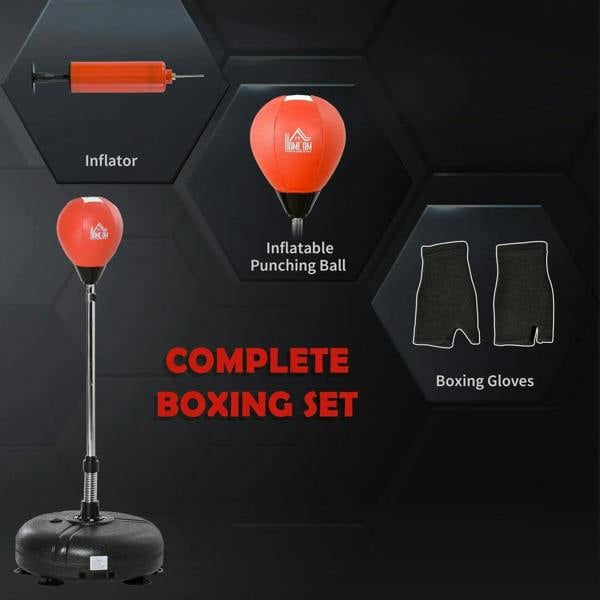Complete boxing set: punching bag stand with red inflatable ball, gloves, and inflator