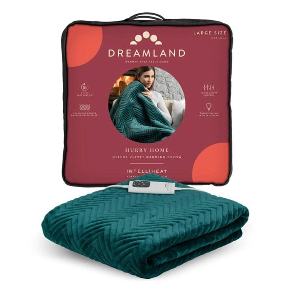 Dreamland Hurry Home Velvet Heated Throw Electric Blanket - Emerald Herringbone - 160cm x 120cm