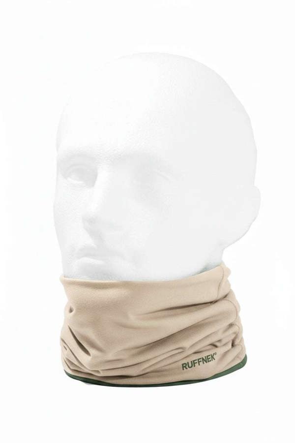 Stone and Country Green Supersoft RUFFNEK Neckwarmer. Reversible stretchy Snood shown on a male mannequin head as a neck gaiter snood.
