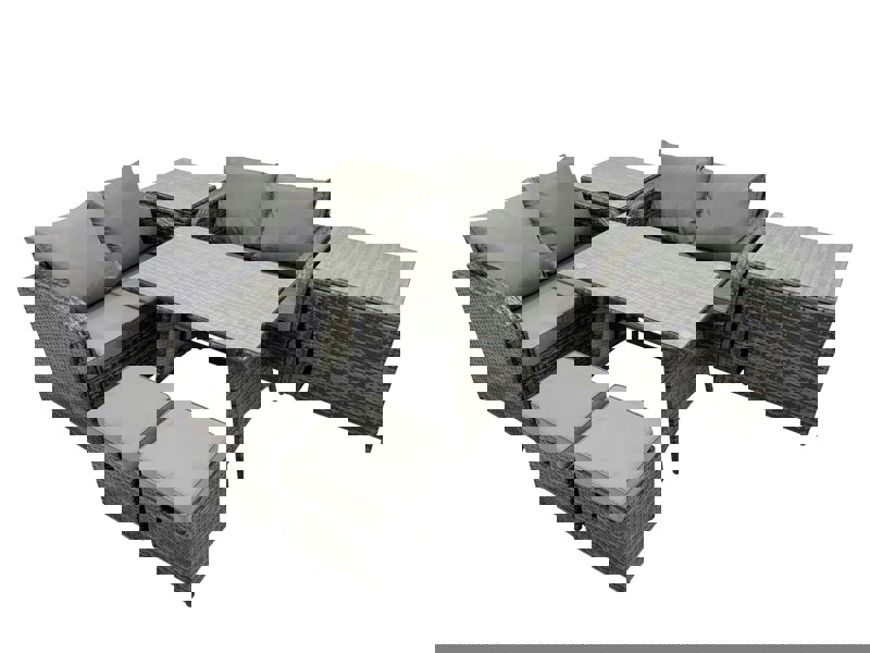 Fimous 6 Seater Garden Outdoor Rattan Furniture Set Rattan Sofa Oblong Dining Table with 2 Small Footstools 2 Side Table Dark Grey