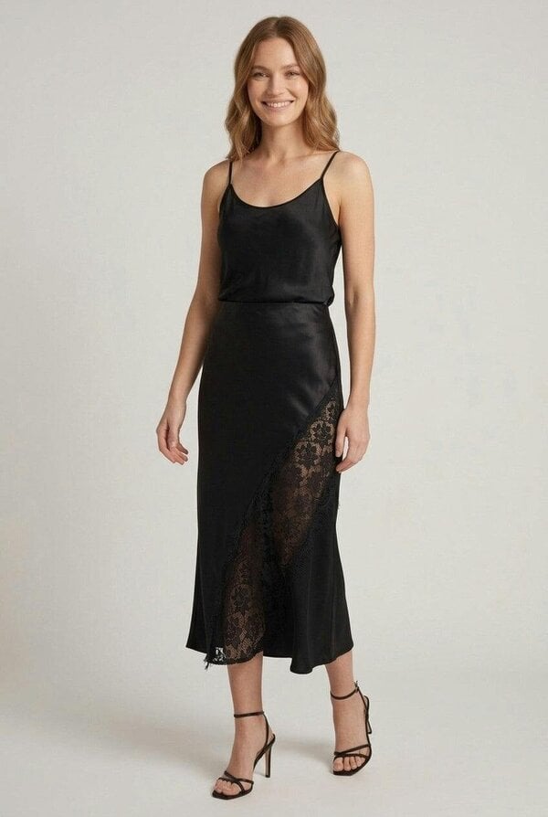 Izabel London Satin Texture Lace Detail Midi Skirt