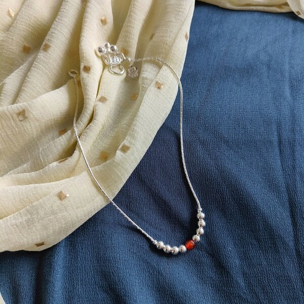 The Colourful Aura 925 Silver Orange Silver Round Ball Thin Payal Anklet