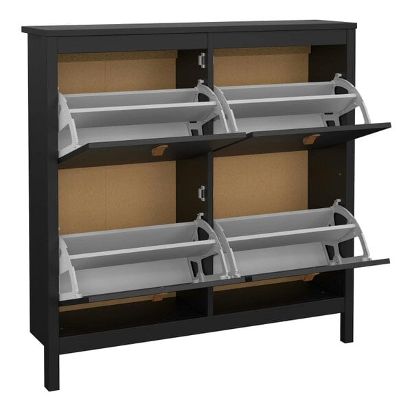 Wyld Haus Wildberry Matt Black Wooden Shoe Cabinet 4 Flip Down Doors Leather Handles