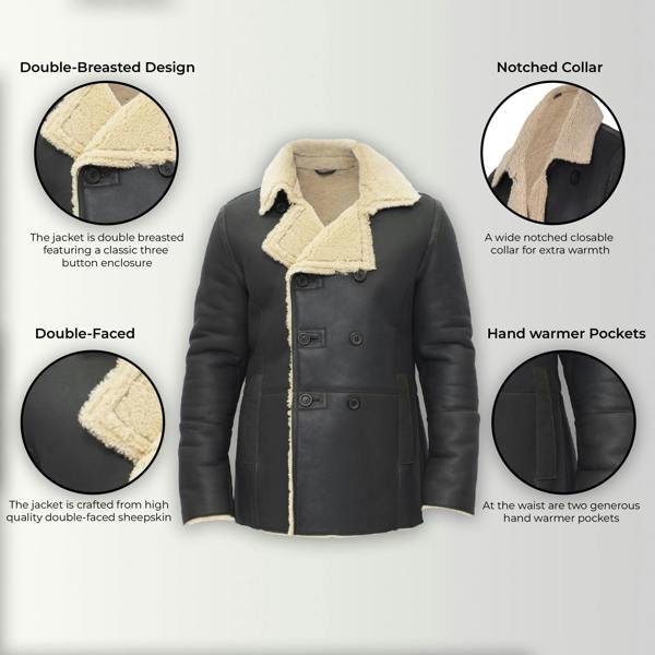 Infinity Leather Mens Double Breasted Shearling Sheepskin Pea Coat-Kington