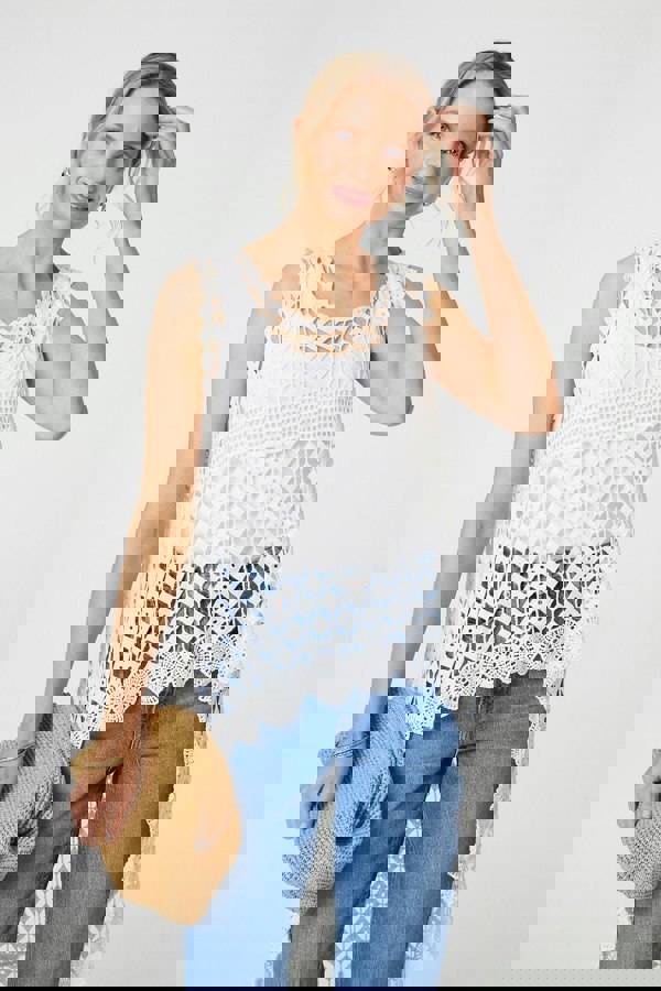 White | Lace Sleeveless High Low Top