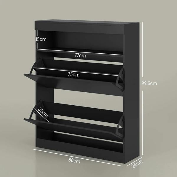High-gloss black shoe cabinet with flip shelves; front view with size measurements