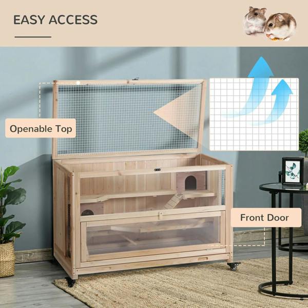 Natural wood 3-tier rodent cage with openable top, front access door, and caster wheels
