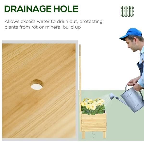 Natural wood raised planter bed with circular drainage hole on the side panel