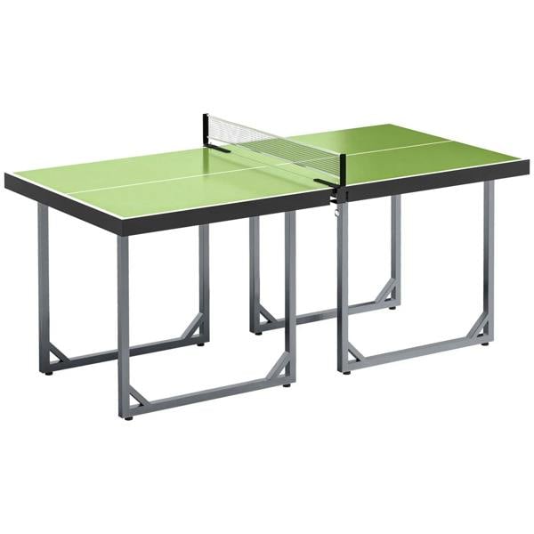 Top view of foldable green ping pong table with net divider and gray metal legs.