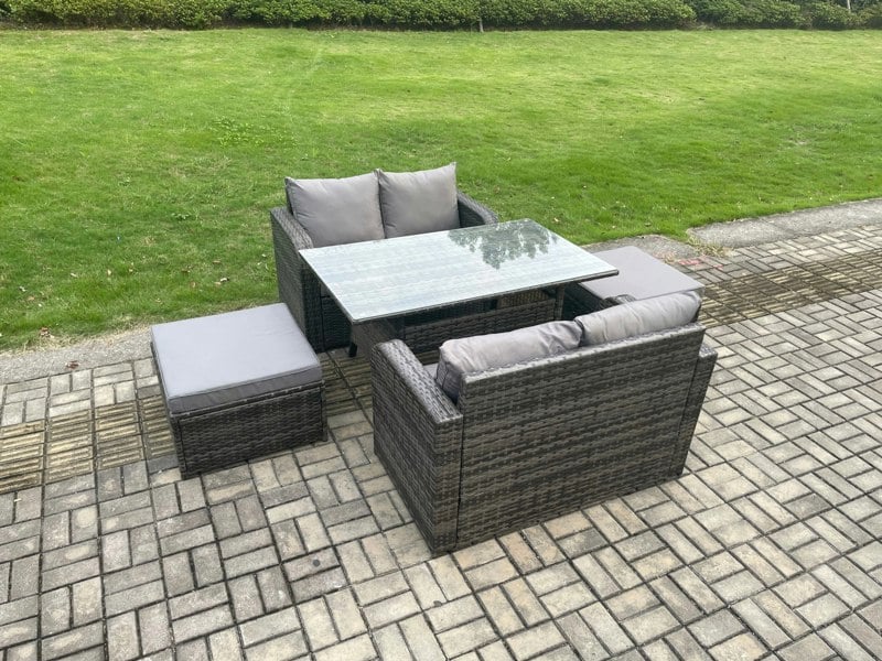 Fimous Garden Patio Furniture Wicker Rattan Oblong Rectangular Dining Table and Loveseat Sofa set with 2 Big Footstool Dark Grey Mixed