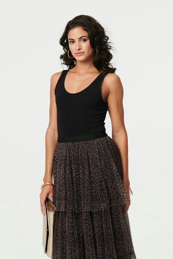 Brown | Animal Print Tiered Midi Skirt
