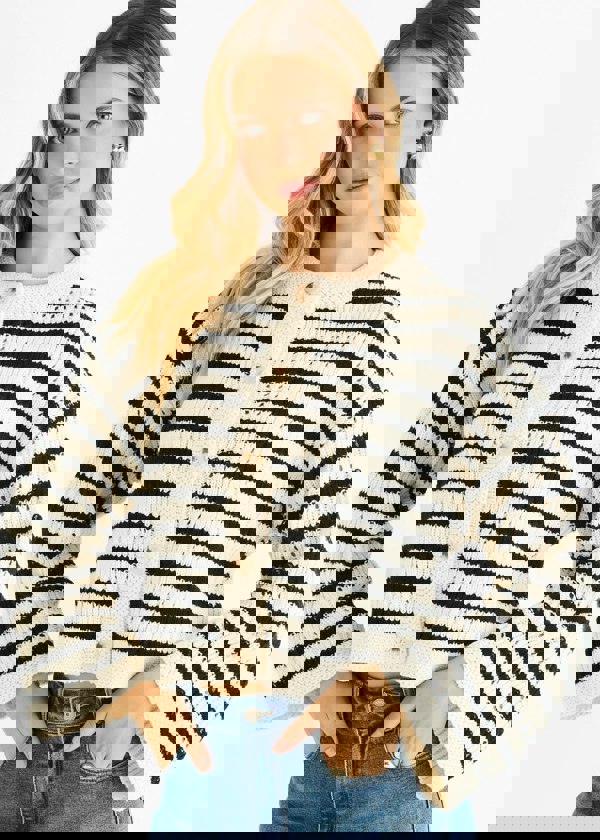 Gini London Cream Stripe Cable Knit Crop Cardigan