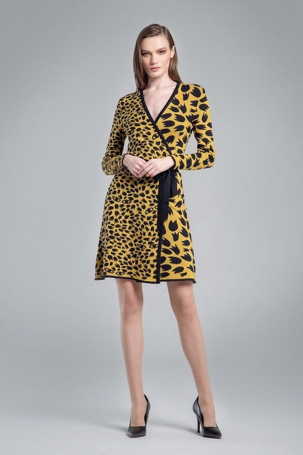 Savannah jacquard-knit wrap dress with animal pattern in yellow
