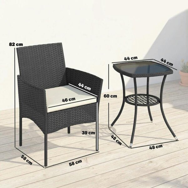 3 Piece Rattan Bistro Set, PE Wicker Garden Furniture Conversation Set with 2 Tier Glass-Top Table, Chairs, Cream White
