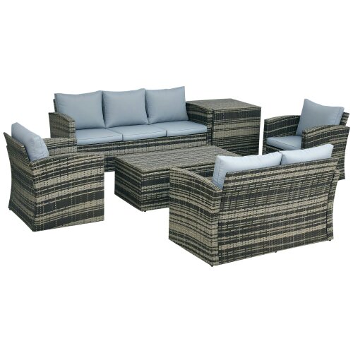 Wyld Haus Vaveyo Rattan Grey 7 Seater Outdoor Sofa Set With Storage Tables And Cushions