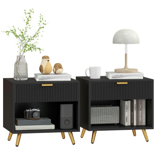 Wyld Haus Sota Sola Set Of 2 Black And Gold Ribbed Elegant Bedside Tables With Drawer And Shelf