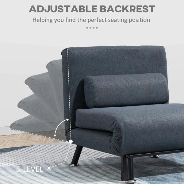 Dark grey sleeper chair with adjustable backrest and padded pillow, thick seat