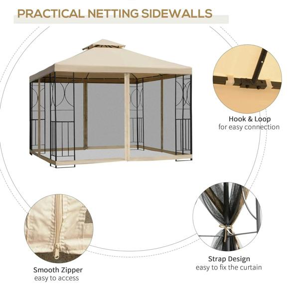 Gazebo with sand netting sidewalls, hook-and-loop straps, and black steel frame