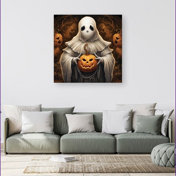 Warren Reed Spooky White Ghost Holding Pumpkin Canvas