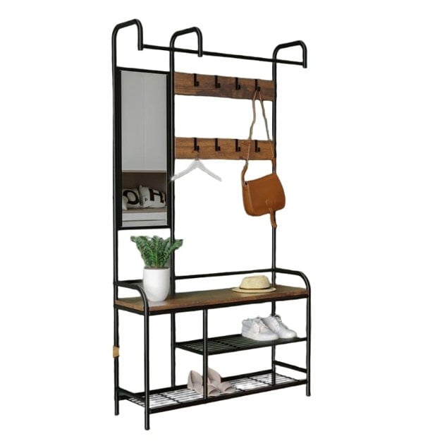 Modcraft Entryway Coat Hanger Stand with Shoe Bench & Mirror Black Rustic Oak Hallway Storage Unit