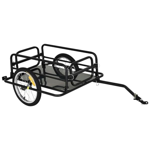 Black bike cargo trailer with steel frame, dual rear wheels, and side-mounted hitch