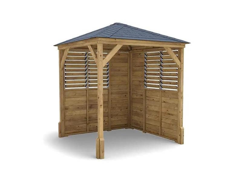 Dunster House Wooden Gazebo Louvre Wall 2m x 2m Garden Shelter Roof Shingles Utopia 200