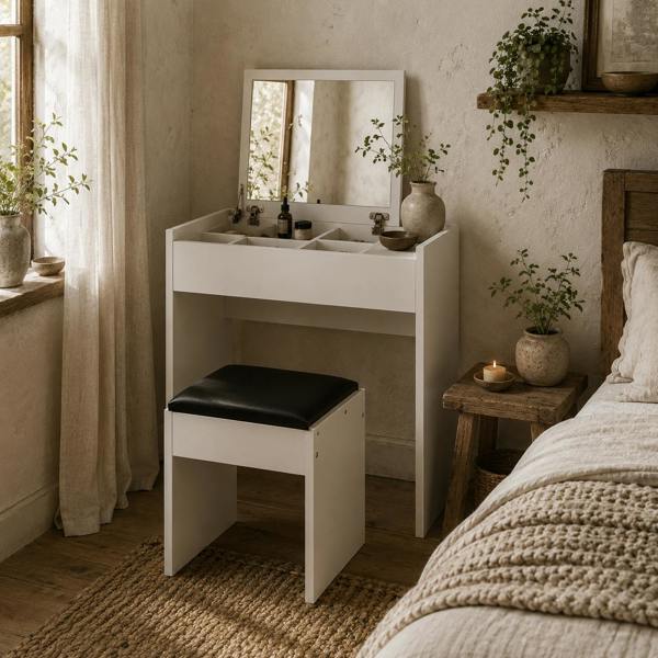 Wyld Haus Nolena White Wood Vanity Table With Flip Up Mirror Padded Stool And Storage