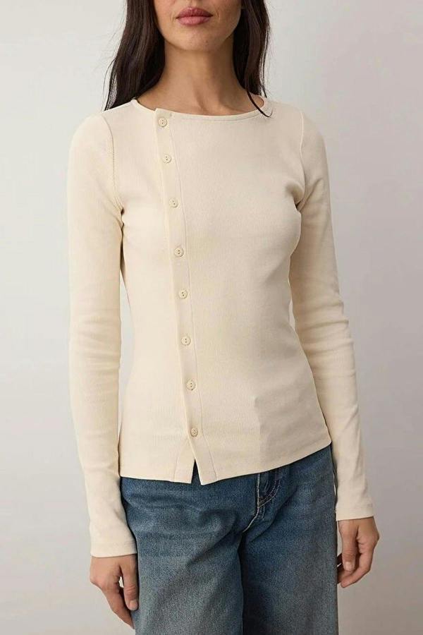 WOVCOR Buttoned Crew Neck Ribbed Flexible Knit Blouse